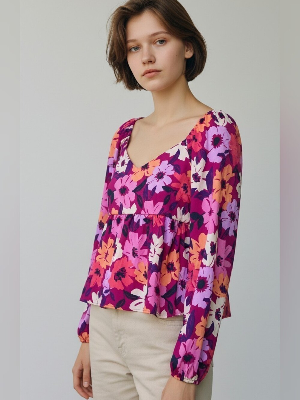 Gilli Floral V-Neck Peplum Blouse - Magenta, Pink, Orange